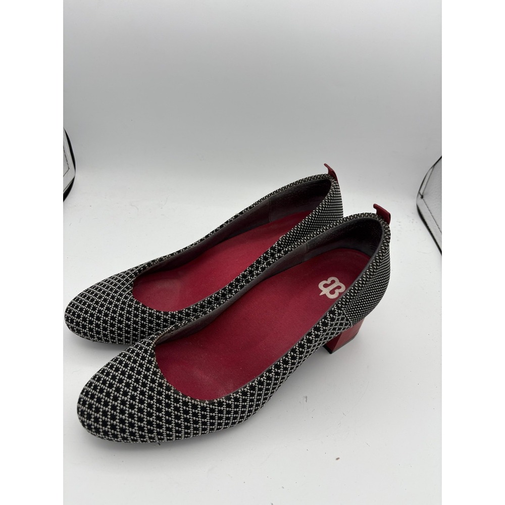 Black Houndstooth Pumps Shoes Womens Size 9 Round Toe Slip On Block Heel Red